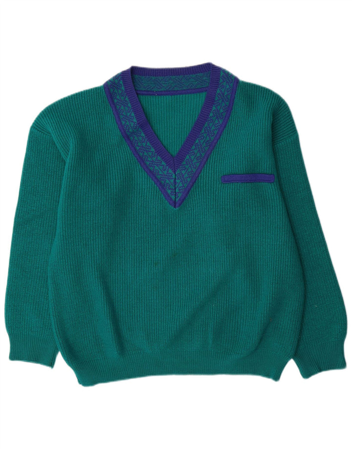 Maglione vintage da uomo con scollo a V, grande lana geometrica verde