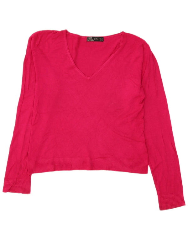 Zara Womens Crop V-Neck Jumper Sweater UK 16 Large Pink Rayon