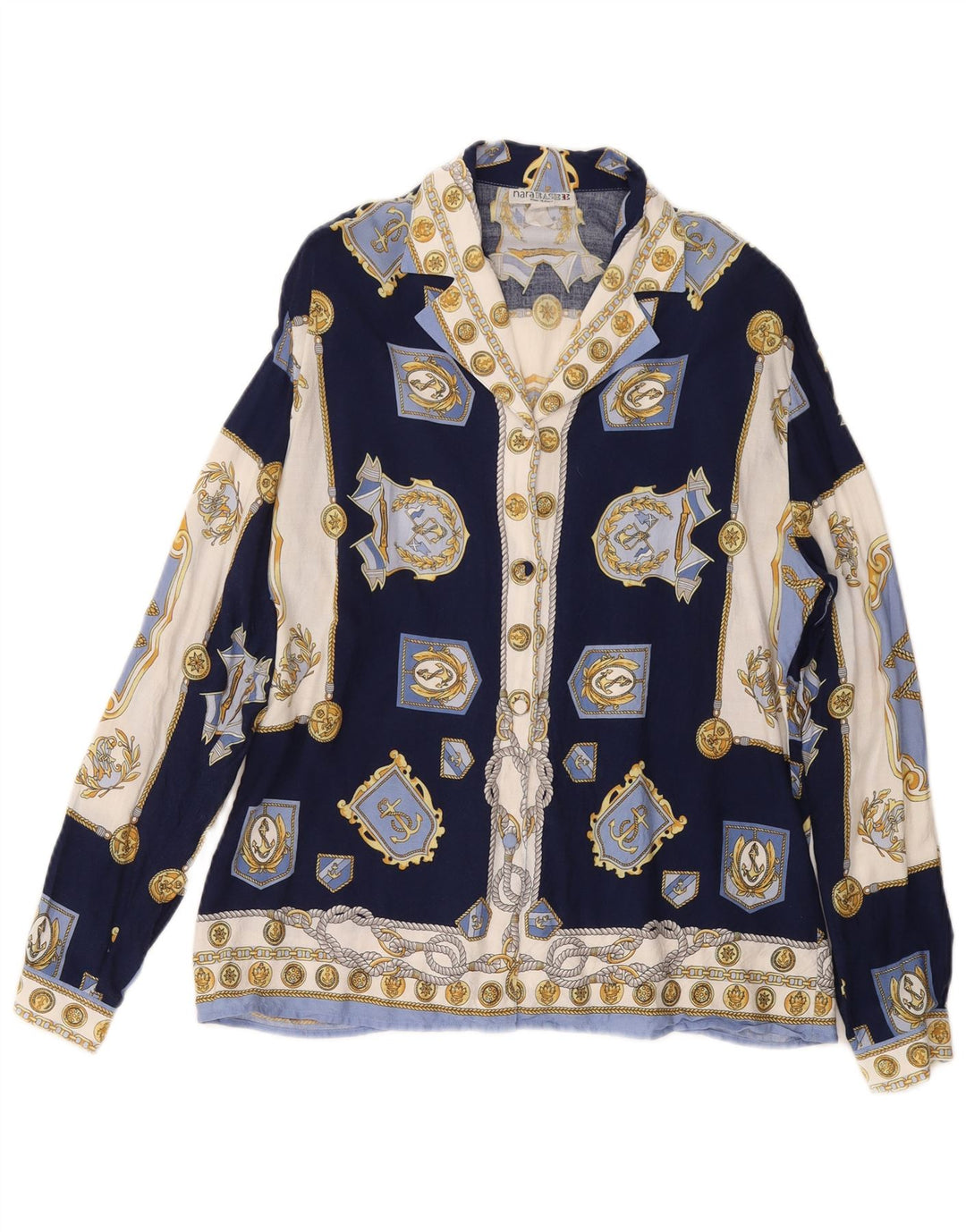 Camicetta da donna con motivo astratto VINTAGE UK 14 medio blu navy