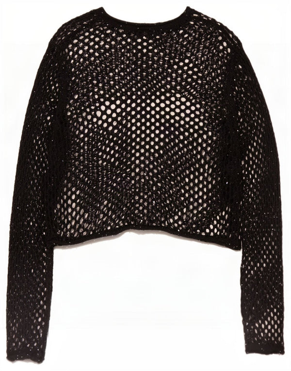 Top Zara da donna oversize a maniche lunghe all'uncinetto trasparente UK 10 piccolo nero