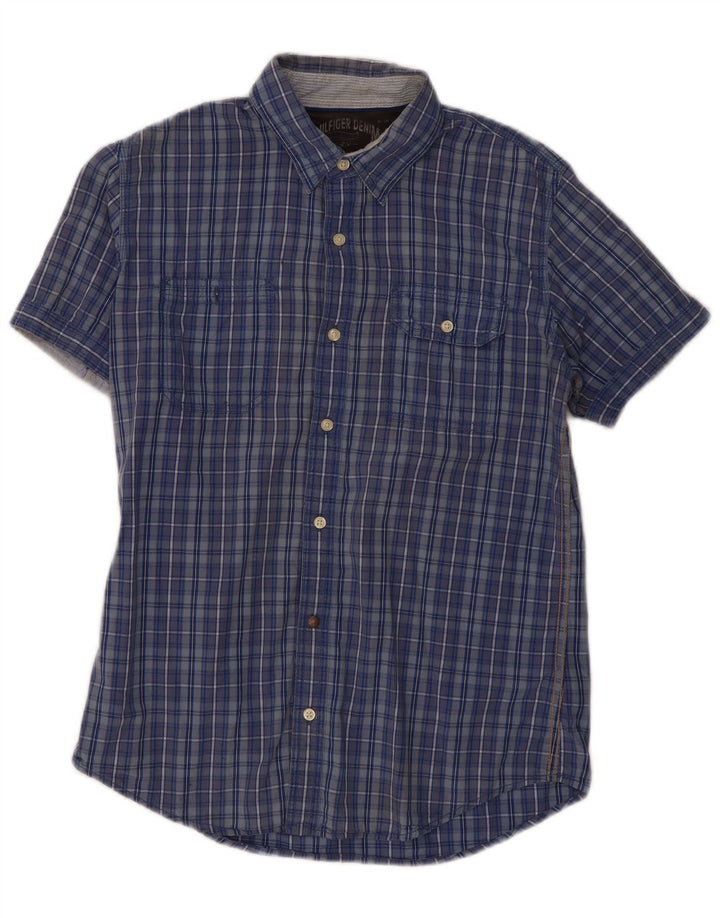 Camicia a maniche corte grafica da uomo Tommy Hilfiger in cotone a quadri blu medio
