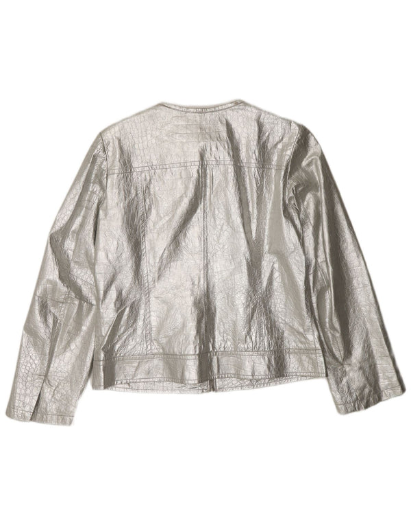CORTEFIEL Womens Leather Jacket UK 12 Medium Silver Leather