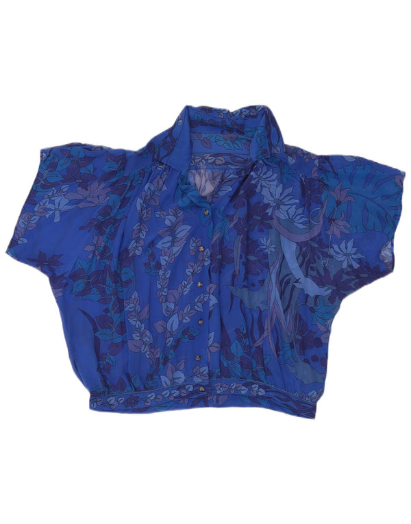 Camicetta vintage da donna a maniche corte trasparente UK 18 XL blu floreale