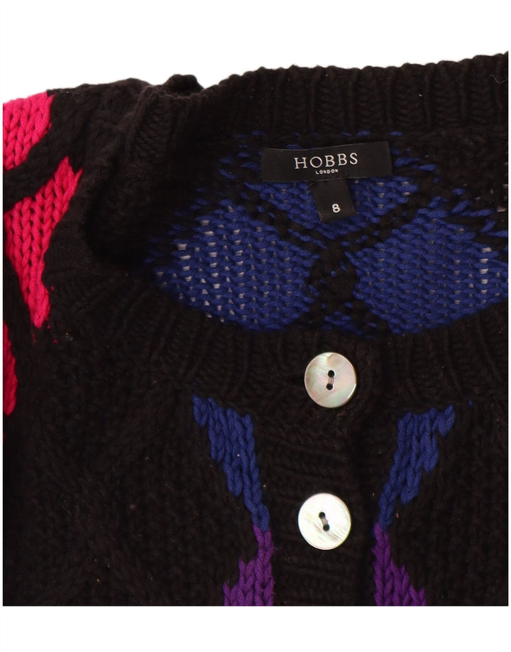HOBBS Maglione cardigan corto da donna UK 8 piccolo cotone nero a rombi/diamante
