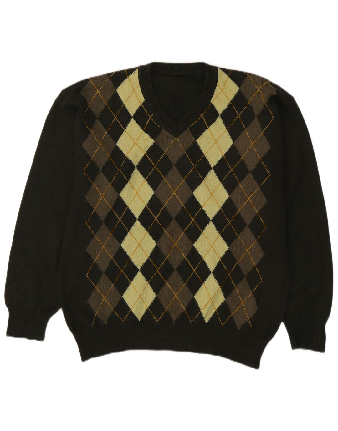 Maglione vintage da uomo con scollo a V verde medio a rombi/diamante