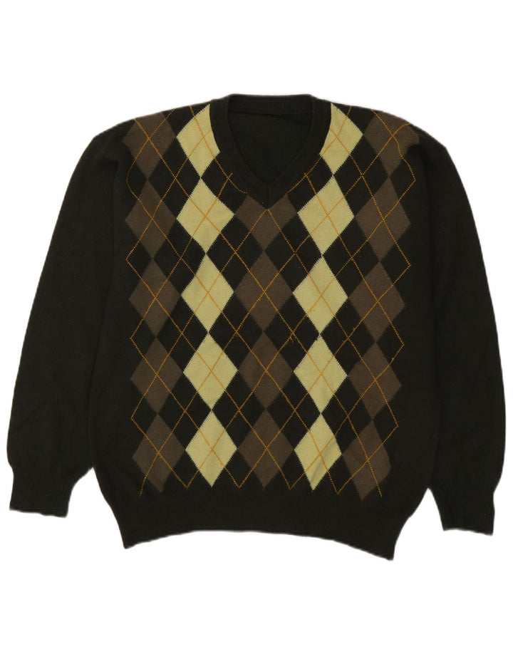 Maglione vintage da uomo con scollo a V verde medio a rombi/diamante