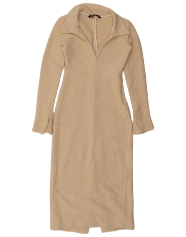 Abito tubino a maniche lunghe da donna Zara UK 8 piccolo in cotone beige