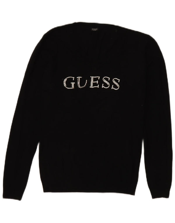 Maglione da donna con scollo a V grafico Guess UK 8 piccolo in viscosa nera