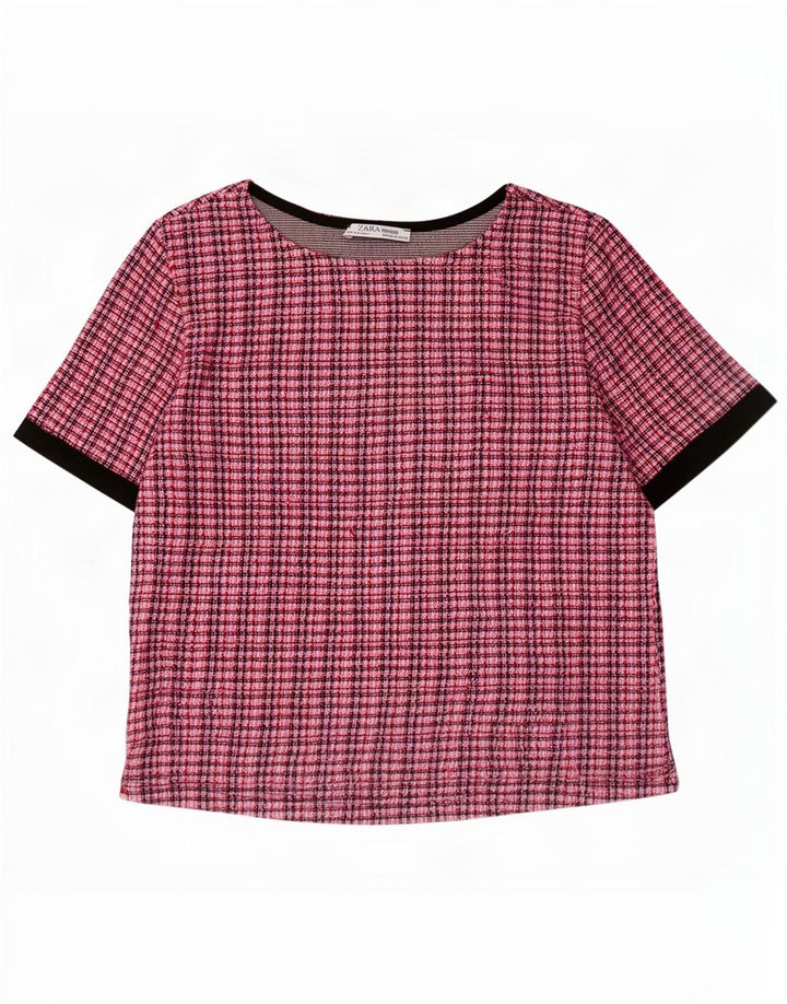 Zara Camicetta corta da donna UK 12 Poliestere rosa medio a quadri