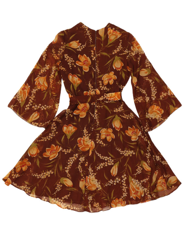 Abito vintage da donna a linea A con maniche a 3/4 UK 12 Marrone medio floreale