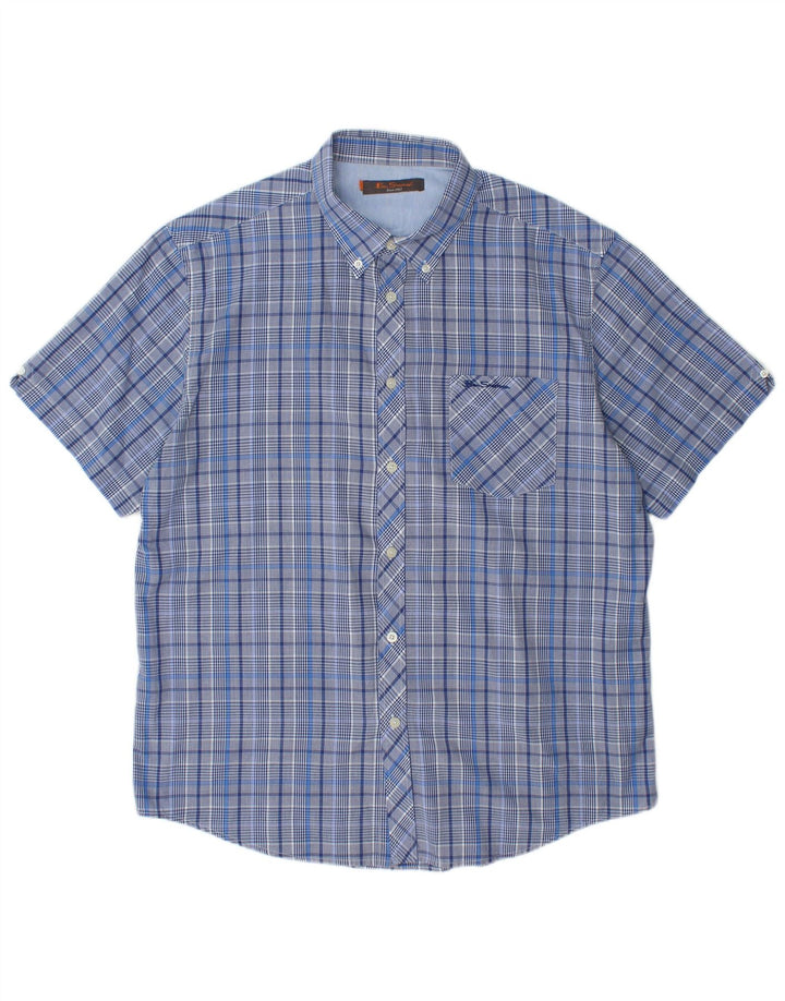 BEN SHERMAN Camicia a maniche corte da uomo XL in cotone a quadri blu