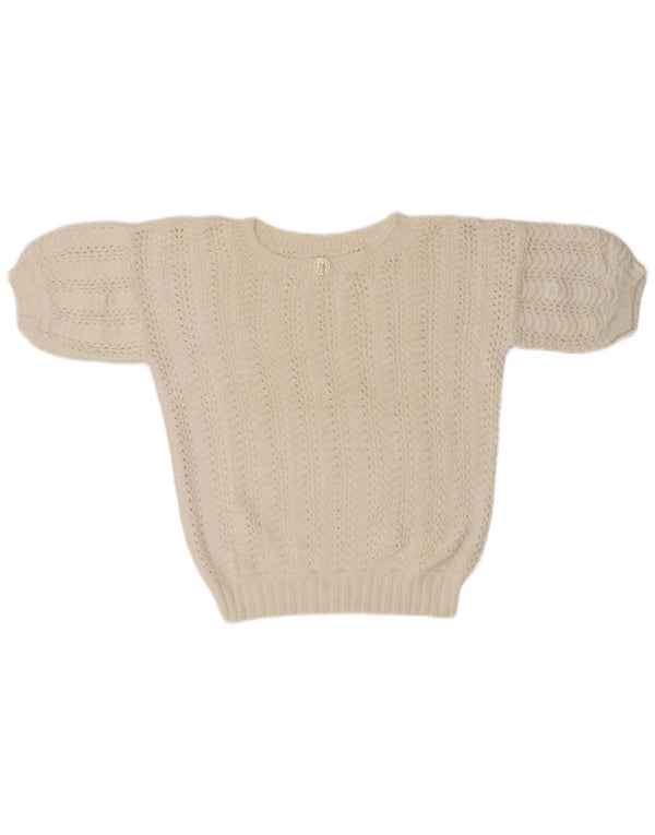 Maglione maglione girocollo a maniche corte da donna VINTAGE UK 14 bianco medio