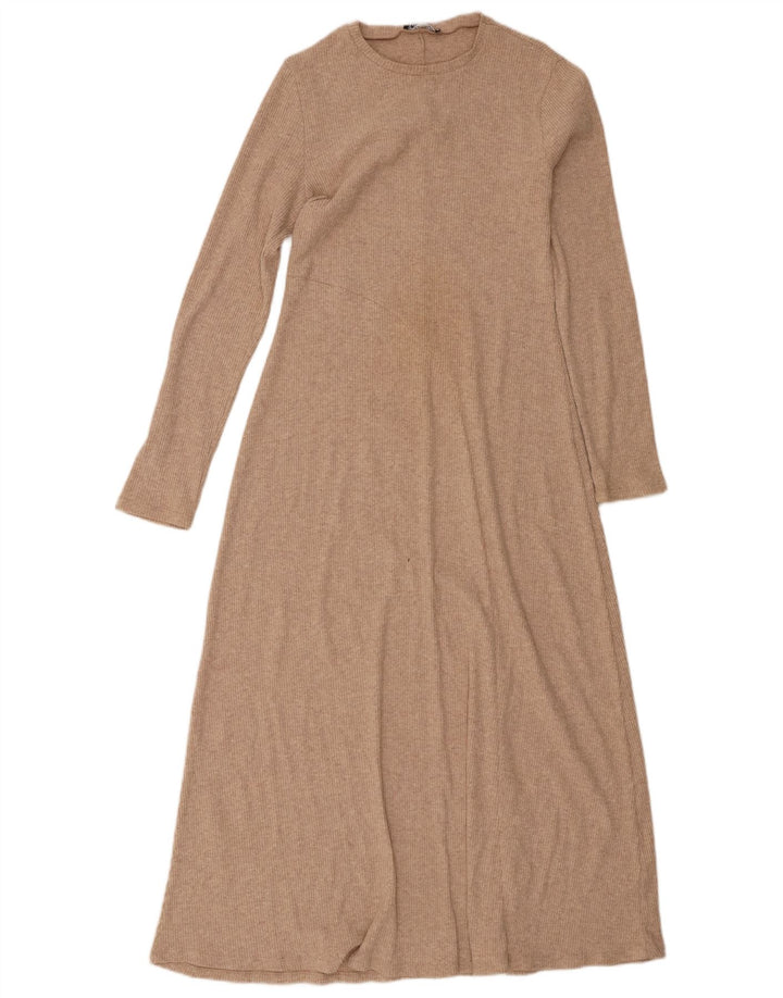 Vestito lungo a maniche lunghe da donna Zara UK 12 Beige medio