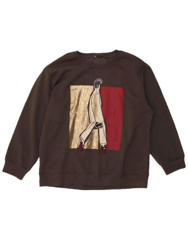 Felpa oversize con grafica da donna Zara UK 18 XL cotone kaki