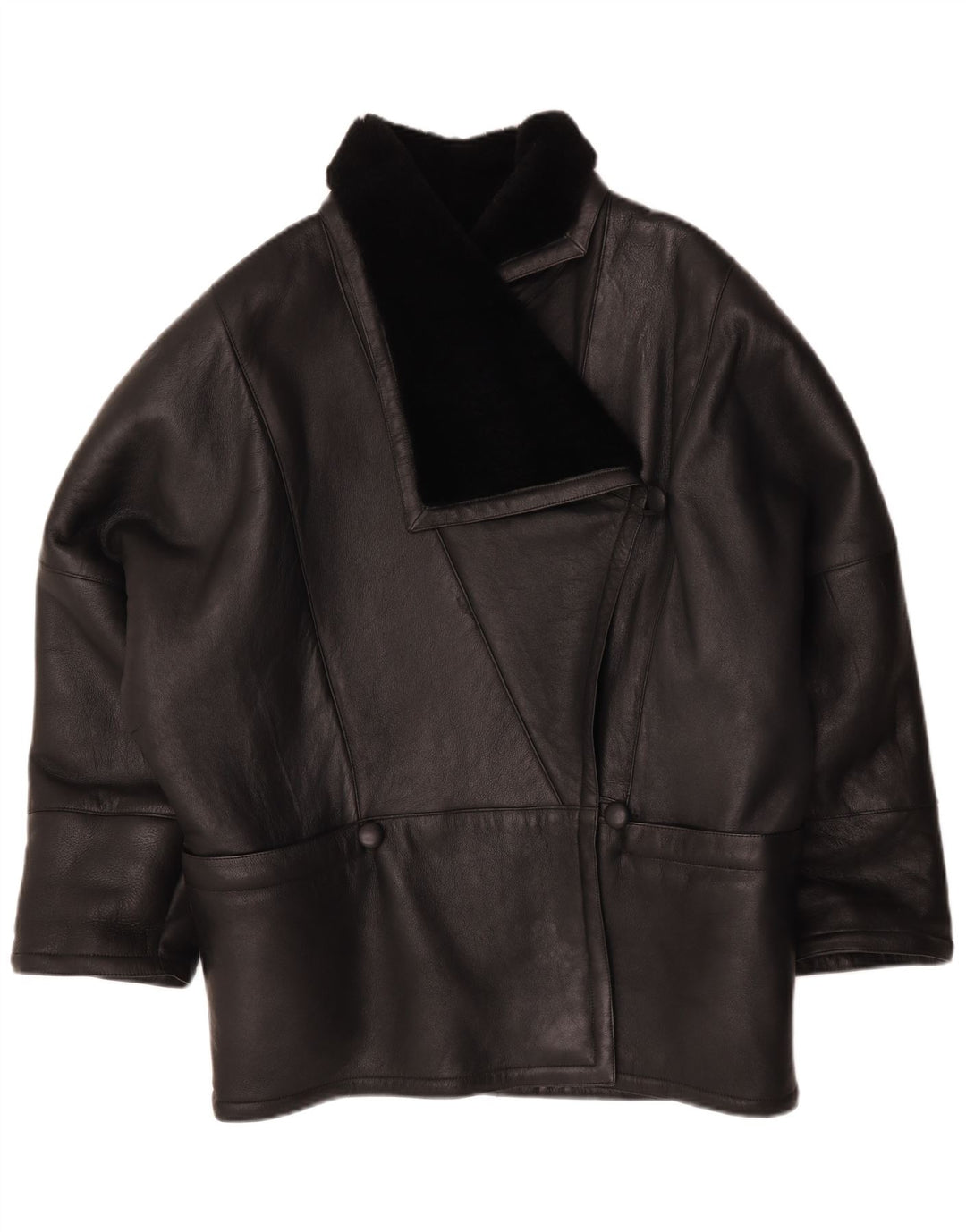Giubbotto oversize in shearling vintage da donna IT 44 medio in pelle nera