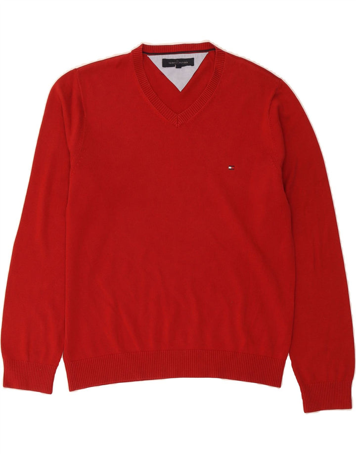 TOMMY HILFIGER Mens V-Neck Jumper Sweater Medium Red Vintage Tommy Hilfiger and Second-Hand Tommy Hilfiger from Messina Hembry 