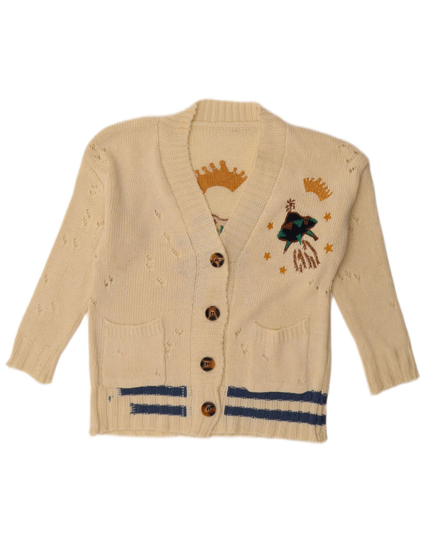 Maglione cardigan grafico da donna vintage UK 18 XL a righe bianco sporco