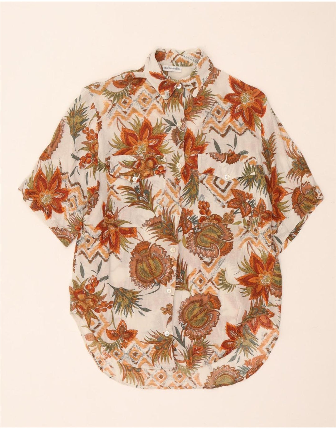 Camicia a maniche corte da donna vintage EU 42 grande floreale bianco sporco