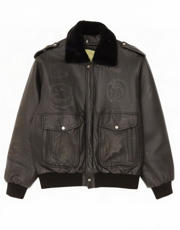 Giacca in pelle militare da uomo vintage UK 40 grande nera