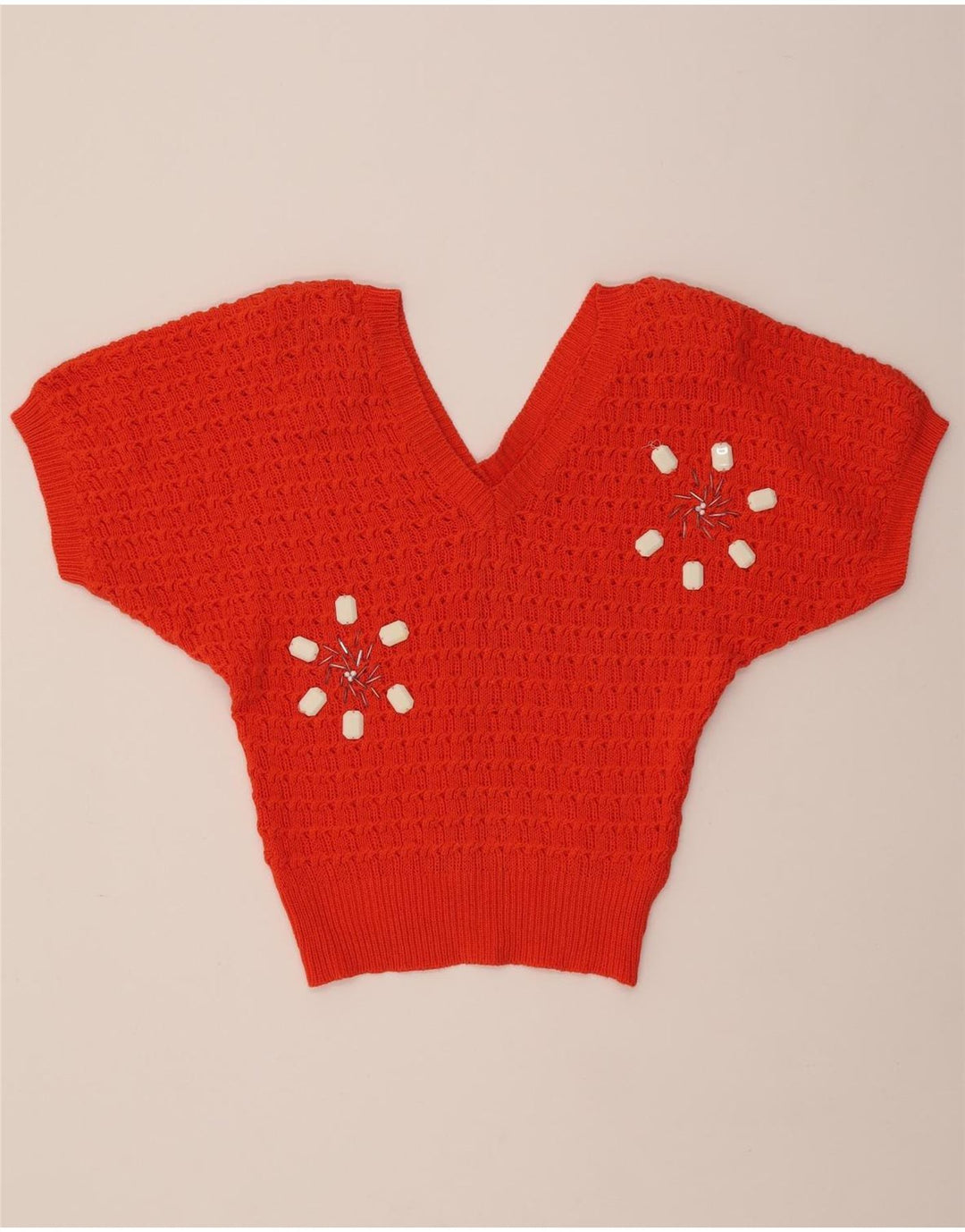 VINTAGE Womens Short Sleeve V-Neck Jumper Sweater IT 42 Medium Orange Vintage Vintage and Second-Hand Vintage from Messina Hembry 