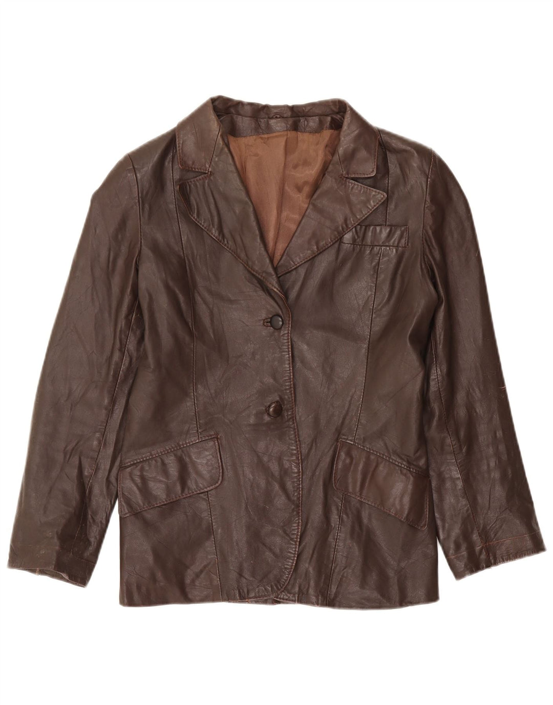 Giacca blazer in pelle vintage da donna a 2 bottoni UK 12 Marrone medio