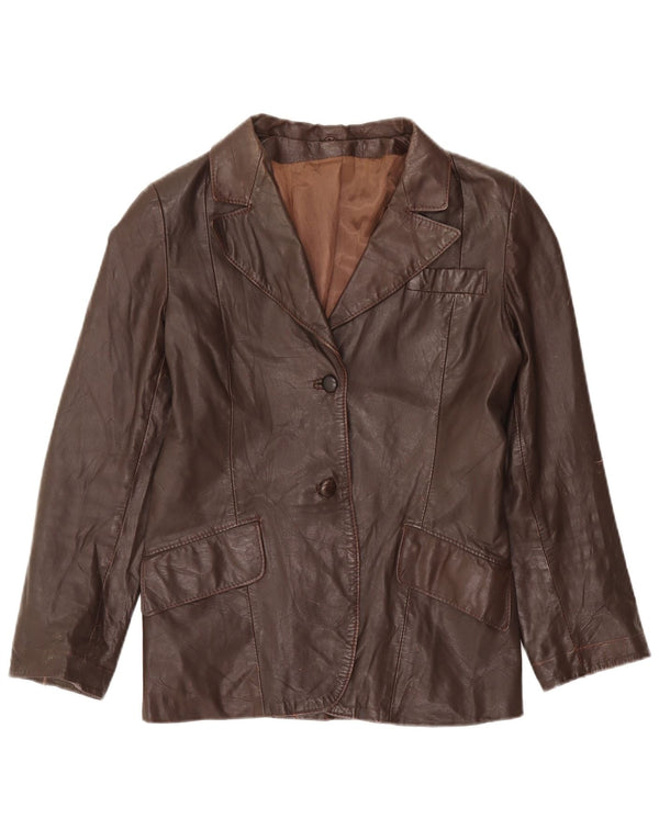 Giacca blazer in pelle vintage da donna a 2 bottoni UK 12 Marrone medio