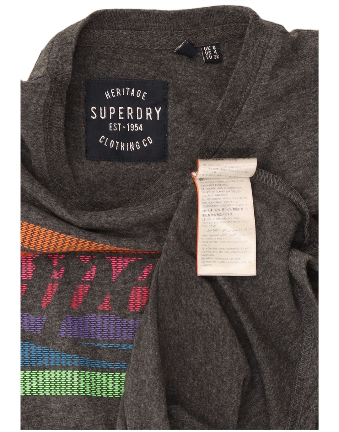T-shirt grafica da donna Heritage SUPERDRY UK 8 piccola in cotone grigio