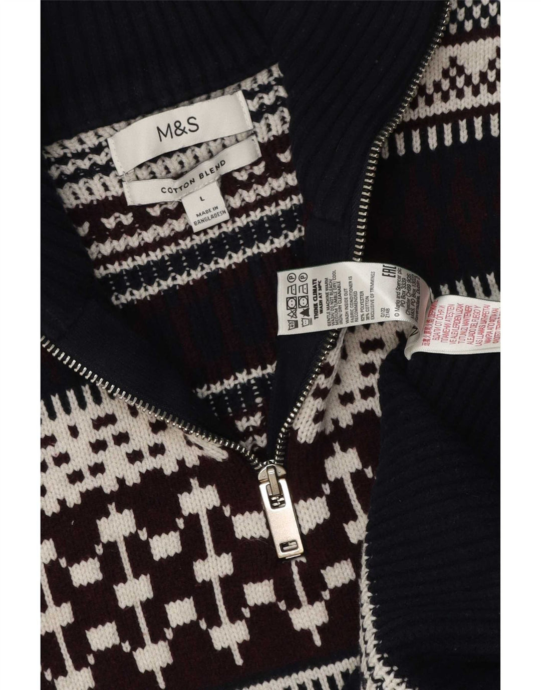 Maglione da uomo Marks & Spencer con zip sul collo, grande, blu navy, Fair Isle