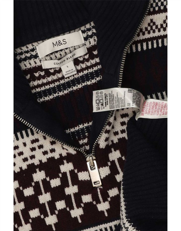 Maglione da uomo Marks & Spencer con zip sul collo, grande, blu navy, Fair Isle