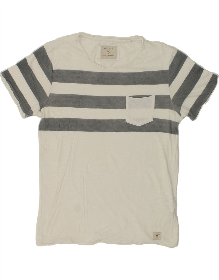 GUESS Mens T-Shirt Top Medium White Striped Cotton Vintage Guess and Second-Hand Guess from Messina Hembry 