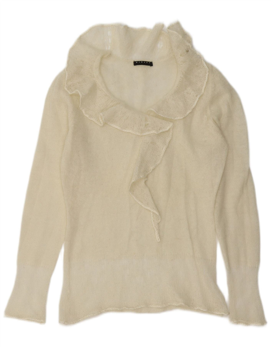 Maglione da donna Sisley con volant sul davanti e collo alto, UK 12, medio, bianco sporco