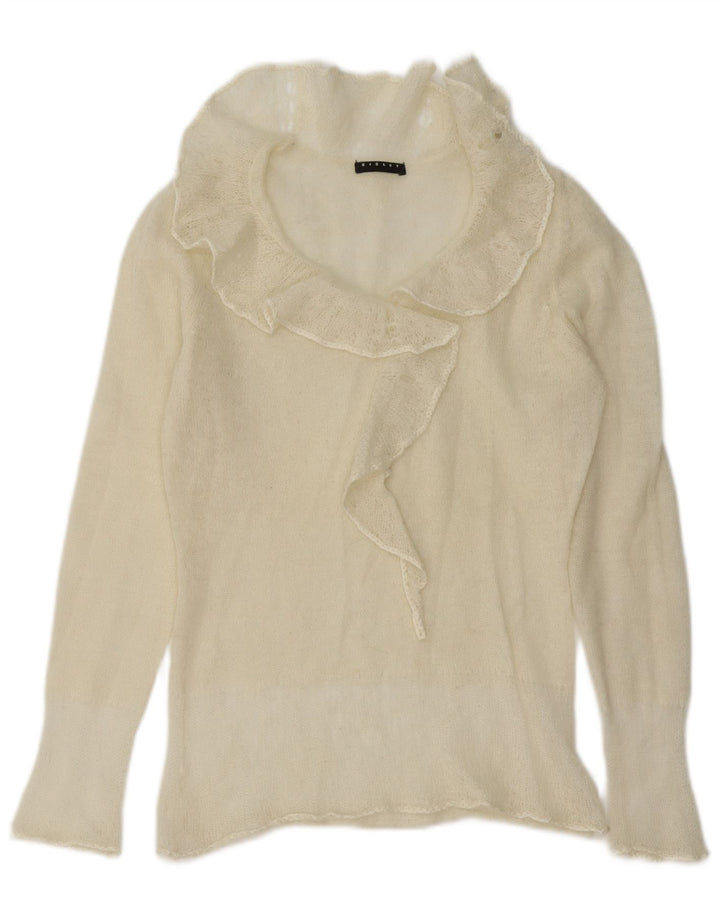 Maglione da donna Sisley con volant sul davanti e collo alto, UK 12, medio, bianco sporco