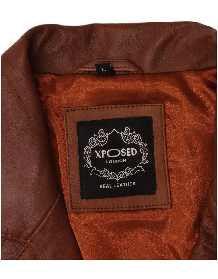 Giacca blazer in pelle vintage da uomo a 3 bottoni UK 40 grande in pelle marrone