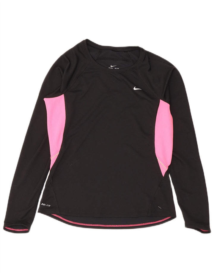 Top Nike Dri Fit da donna a maniche lunghe UK 12/14 Medium Black Colourblock