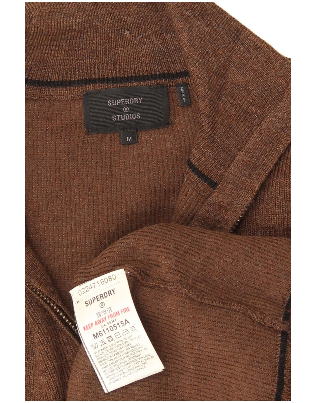 Maglione da uomo con zip e collo Superdry in lana merino marrone medio