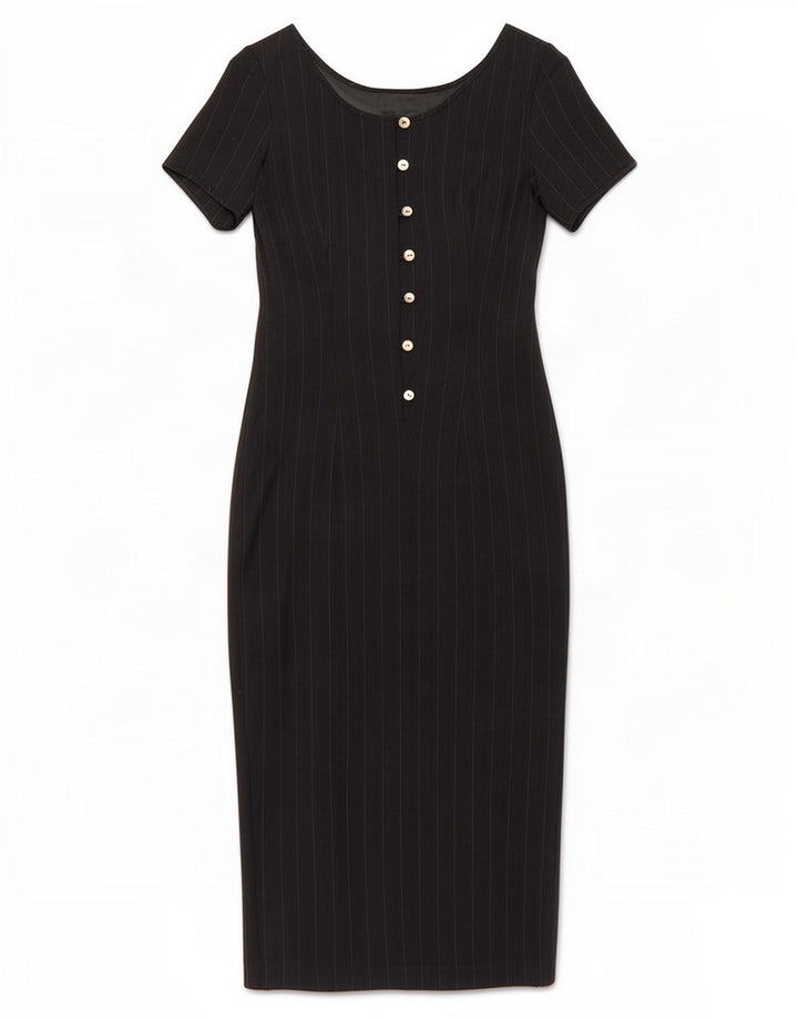 Abito lungo da donna vintage IT 42 medio in lana gessata blu navy