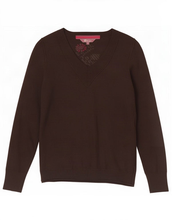 Fat Face Womens V-Neck Jumper Sweater UK 10 Small Brown Merino Wool