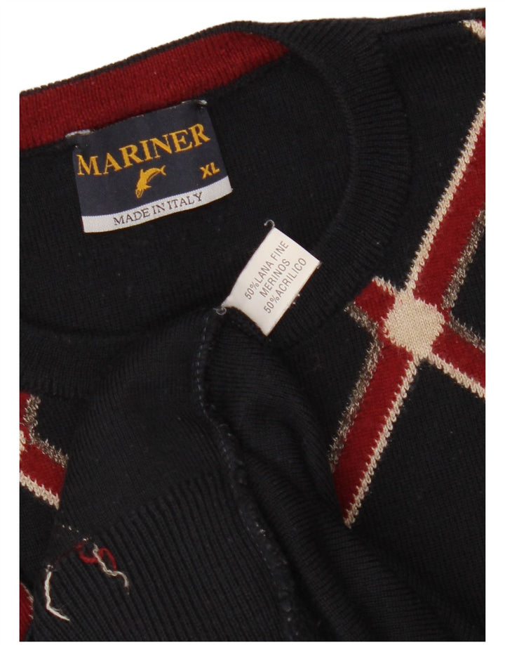 Maglione maglione girocollo vintage da uomo XL blu navy a rombi/diamante