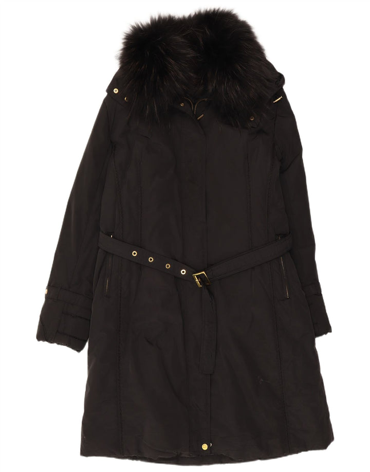 Cappotto vintage da donna con cappuccio IT 47 grande poliestere nero