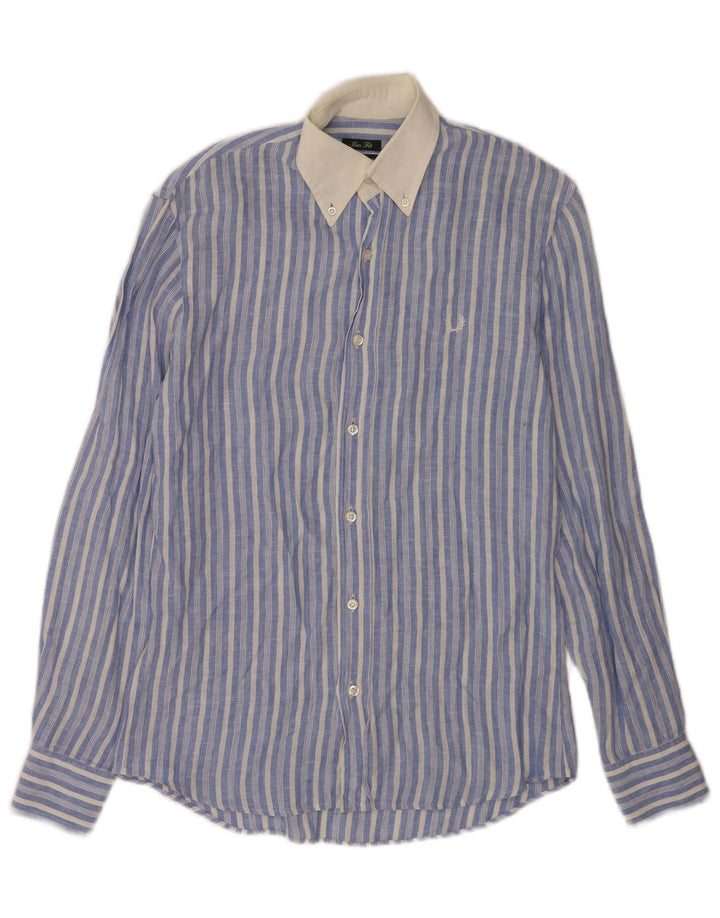 Camicia slim fit da uomo Fred Perry piccola in lino a righe blu