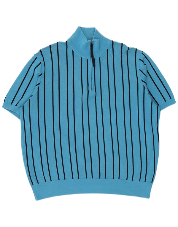 Hugo Boss Mens Short Sleeve Zip Neck Jumper Sweater XL Blue Striped Cotton