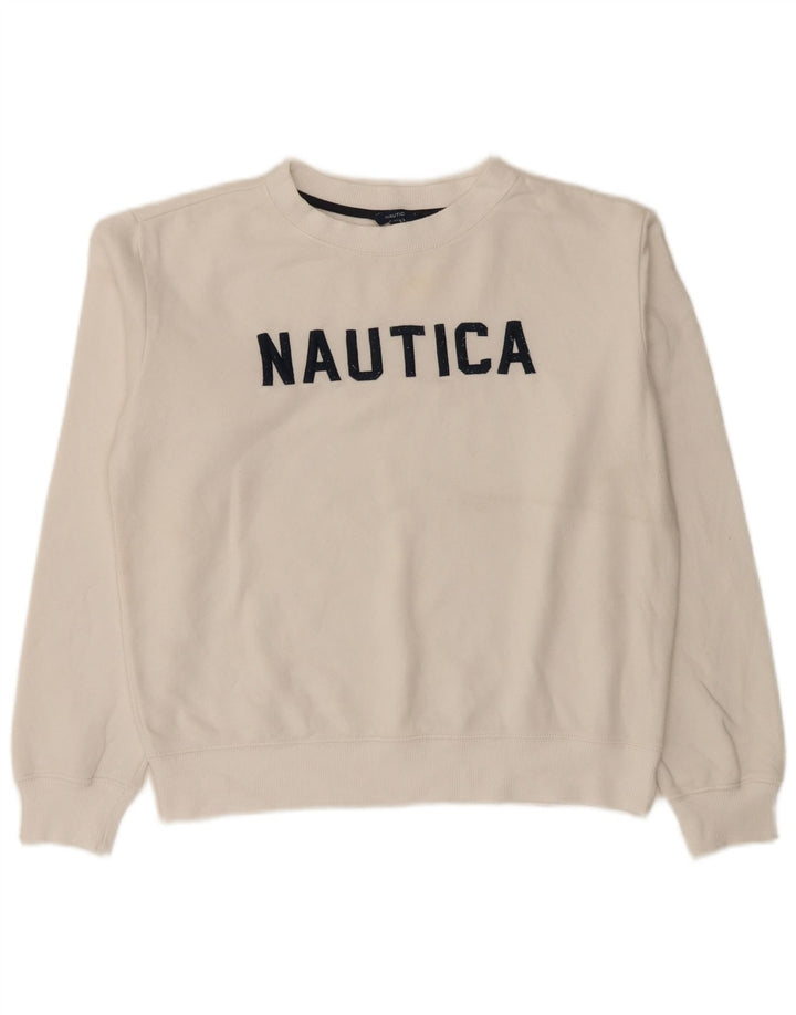 Felpa oversize con grafica da donna Nautica, maglione UK 10, piccola, cotone bianco