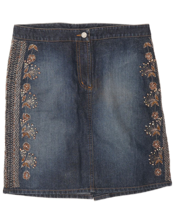 Gonna in denim da donna Warehouse UK 12 media W30 cotone floreale blu