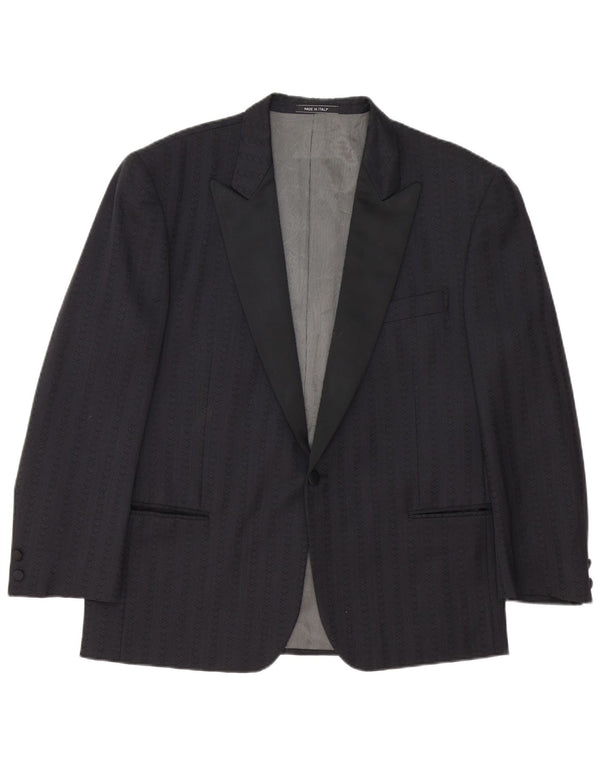 Giacca blazer vintage da uomo a 1 bottone IT 54 2XL Lana vergine a righe blu navy