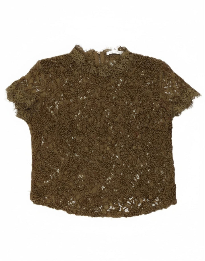 Top Zara da donna in camicetta trasparente in pizzo UK 8 piccolo kaki