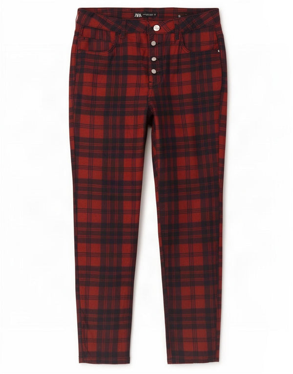 Pantaloni casual slim da donna Zara EU 42 Large W32 L27 cotone scozzese rosso