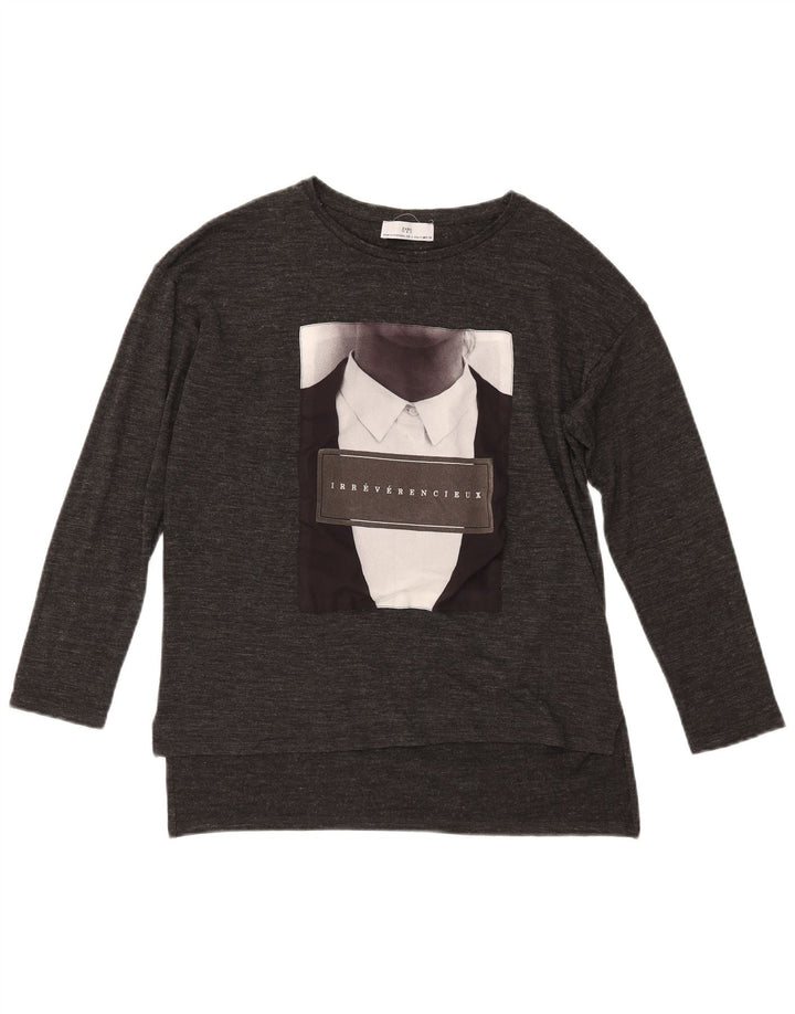 Top Zara da donna con grafica oversize a maniche lunghe UK 10 piccolo grigio