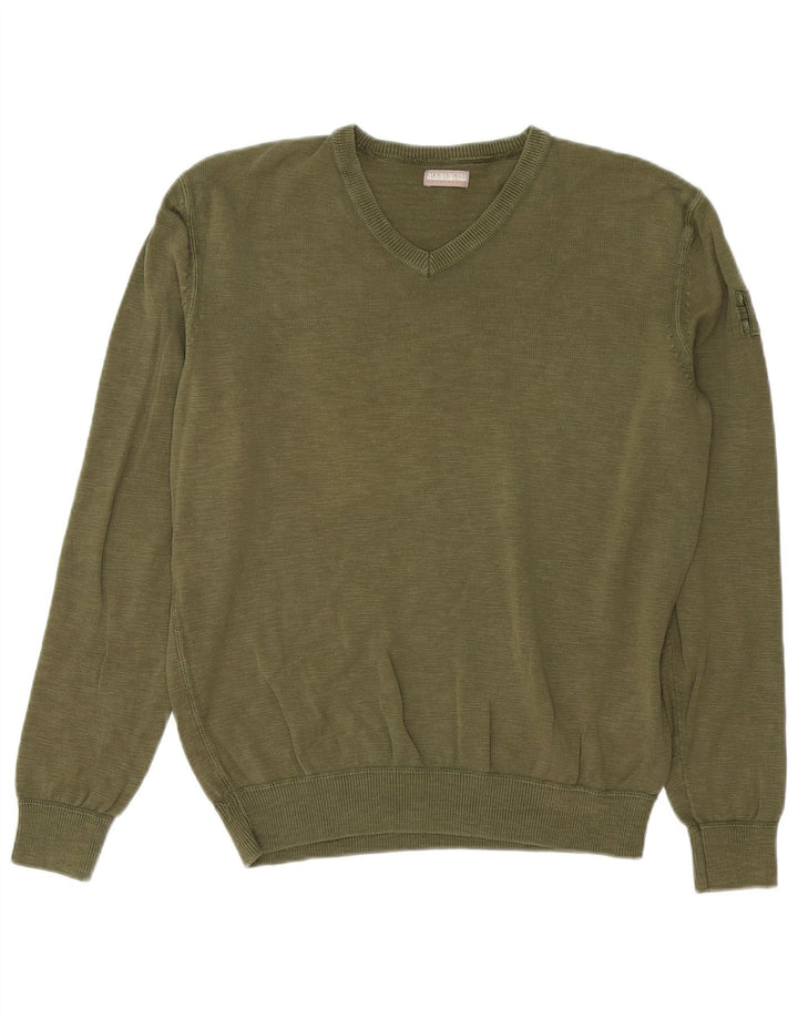 Maglione da uomo con scollo a V Napapijri in cotone kaki medio