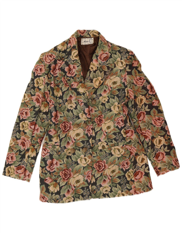 Giacca blazer doppiopetto vintage da donna UK 14 verde medio floreale