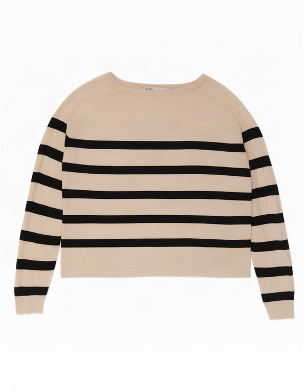 Maglione corto con scollo a barca da donna Zara UK 14 medio a righe bianco sporco